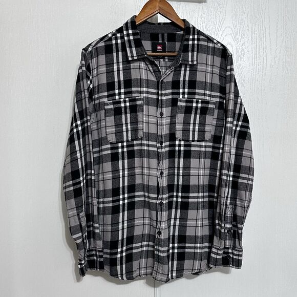 Quicksilver Flannel Shirt Men's Large Gray Black Plaid Long Sleeve Button Up - Picture 1 of 8